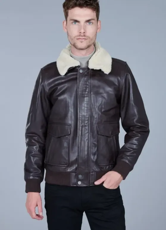 Blouson en cuir avec col amovible-jerem Fashion