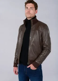 Blouson en cuir à col montant-jerem Store