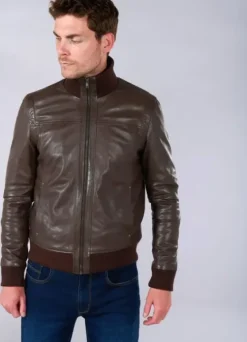 Blouson en cuir à col montant-jerem Store